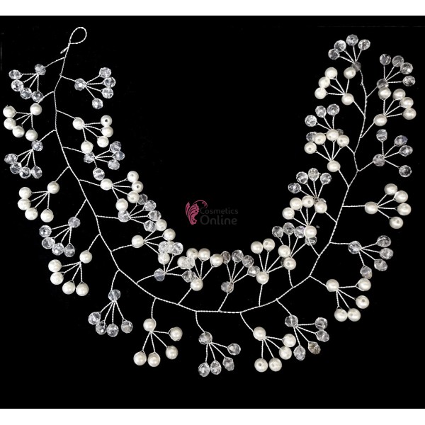 Accesoriu modern pentru decor par WED48 Argintii cu strasuri si perle Alb Crem de 35cm